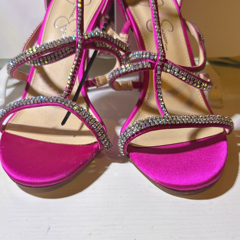 Jessica Simpson Hot Pink Rhinestone T-Strap Heels - Picture 2 of 5
